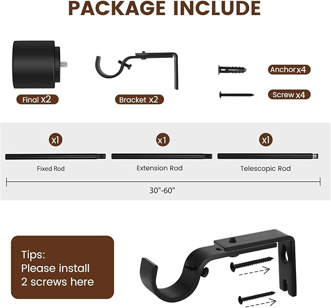 1' Diameter Matte Black Curtain Rod, 30-60 inch, Fits 30-54 Windows, Heavy Duty - Image 2