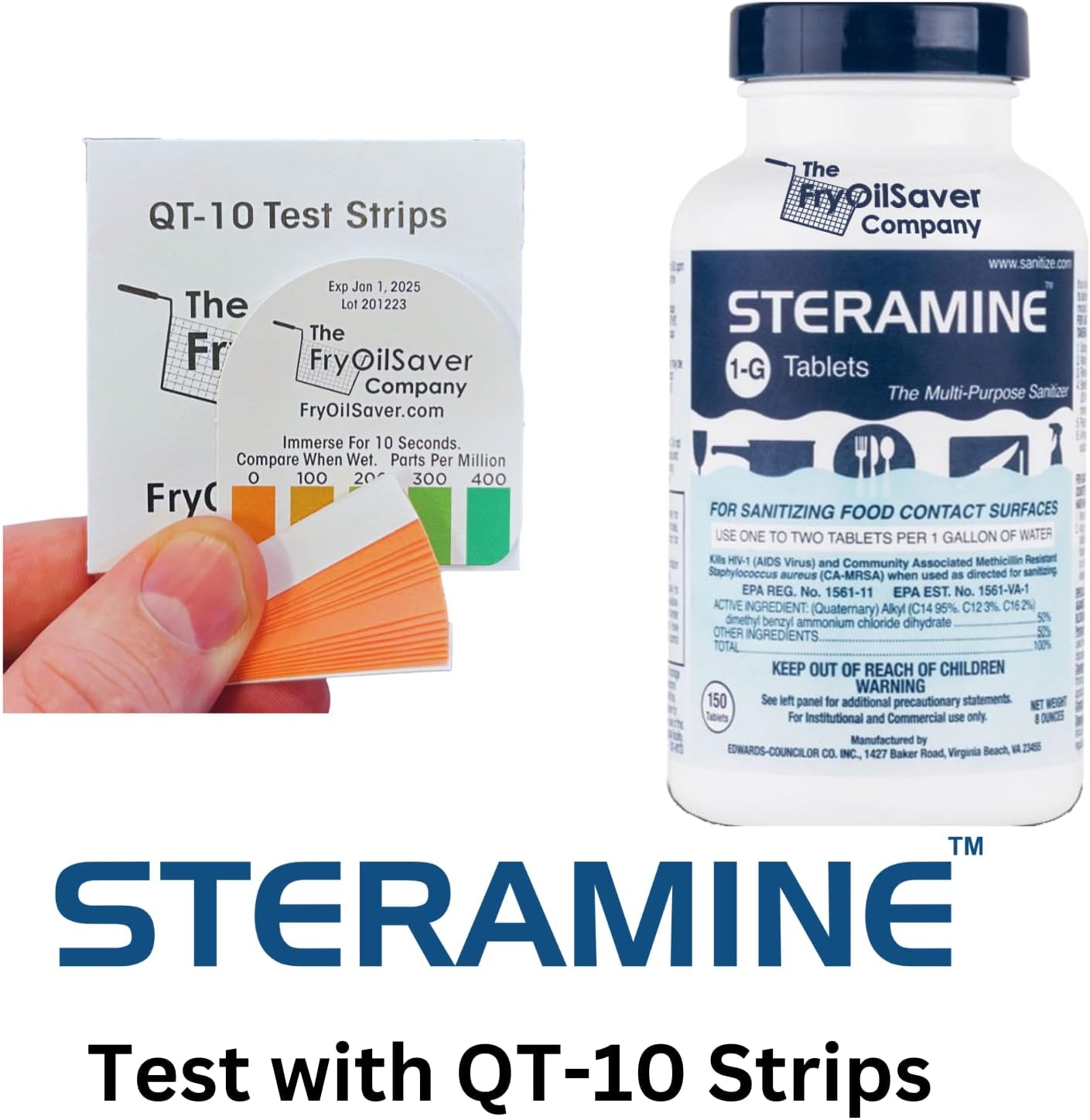 1 Bottle Steramine Sanitizer Tablets - Multi Purpose Steramine Sanitizing Tablets for Food Contact Surfaces in Kitchen, Diners, Hotels, Restaurants & Food Trucks by FryOilSaver Co. (150 Count)