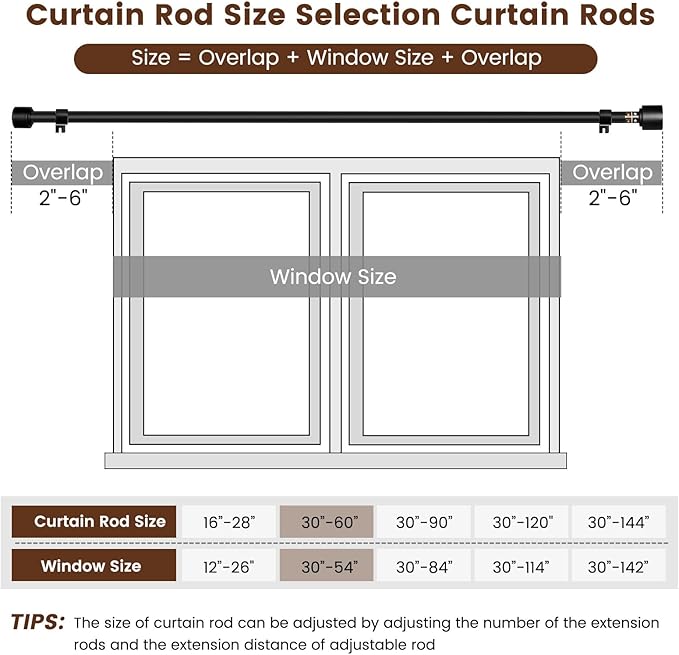 1' Diameter Matte Black Curtain Rod, 30-60 inch, Fits 30-54 Windows, Heavy Duty - Image 3