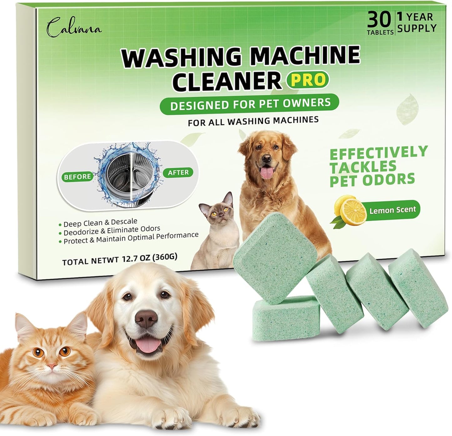 (30-Pack) Washing Machine Cleaning Tablets, Formulated for Pet Owners, Washer Cleaner, for Front-Loaders, Top-Loaders, HE Machines, Easily Removes Residue, Septic Safe, Over a 12-Month Supply