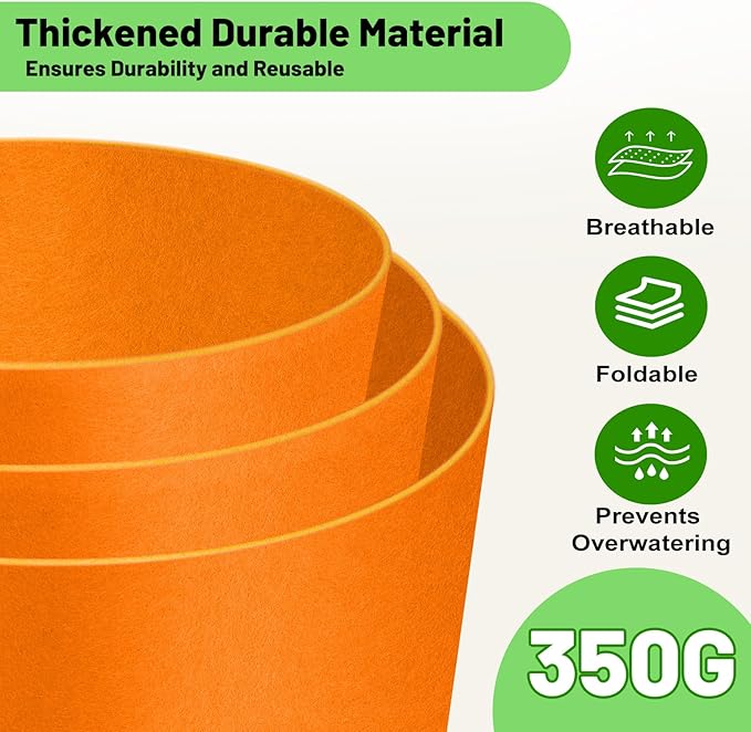 10 Gallon Fabric Grow Bags 5-Pack, 350G Heavy Duty Nonwoven Plant Pots - Image 2