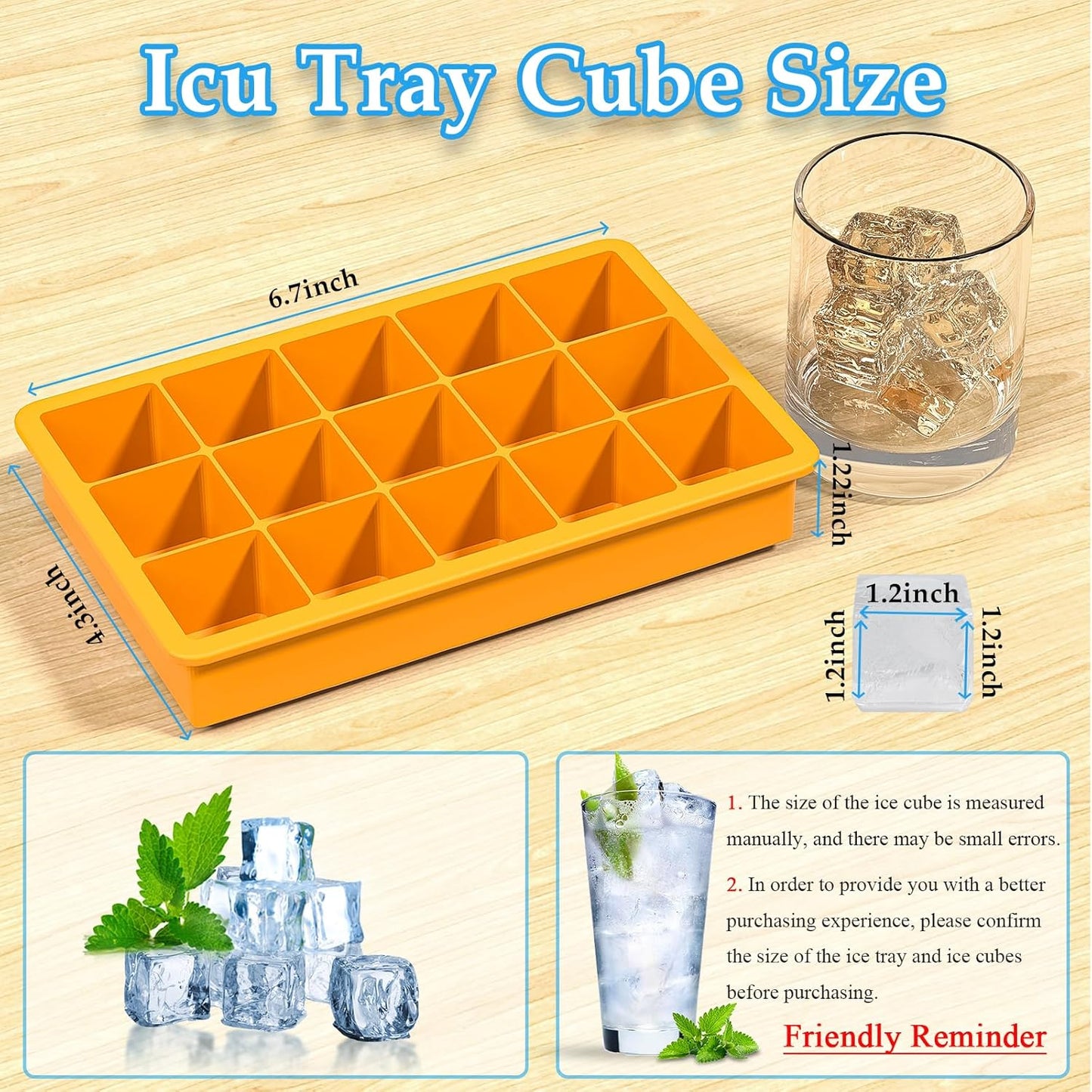 Ice Cube Tray, 3 Pack Silicone Ice Tray Easy-Release Flexible 15 Ice Cube Molds, Stackable Ice Trays for Freezer, Ice Cube Size 1.2 IN for Cocktail, Whiskey, Juice, Baby Food, BPA Free