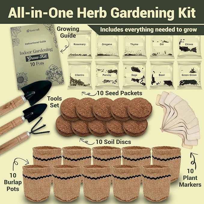 10 Herb Garden Planter Indoor Kit, Soil Discs, Gardening Tools, Unique - Image 3