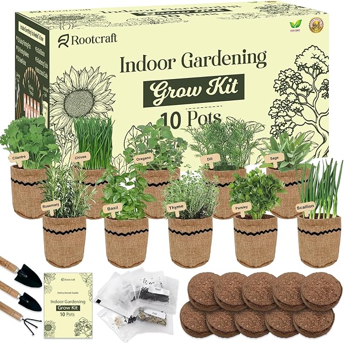 10 Herb Garden Planter Indoor Kit, Soil Discs, Gardening Tools, Unique by ROOTCRAFT