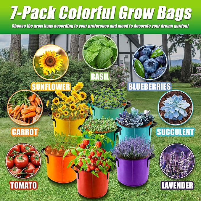10 Gallon Grow Bags, 7 Pack Colorful Fabric Plant Pots - Image 6